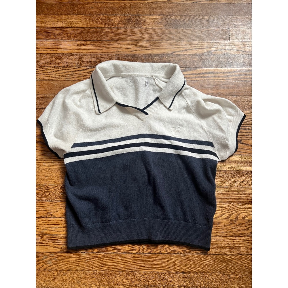 Tna Aritzia Navy White Striped Knit Polo Crop Cotton Sweater Top Womens XS